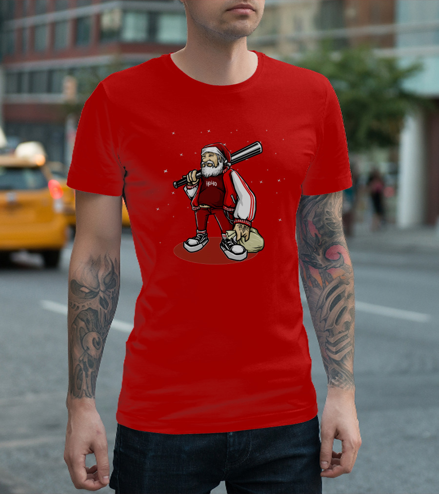 Santa Ho Ho Gangster Style with Baseball Bat and Bag T-Shirt