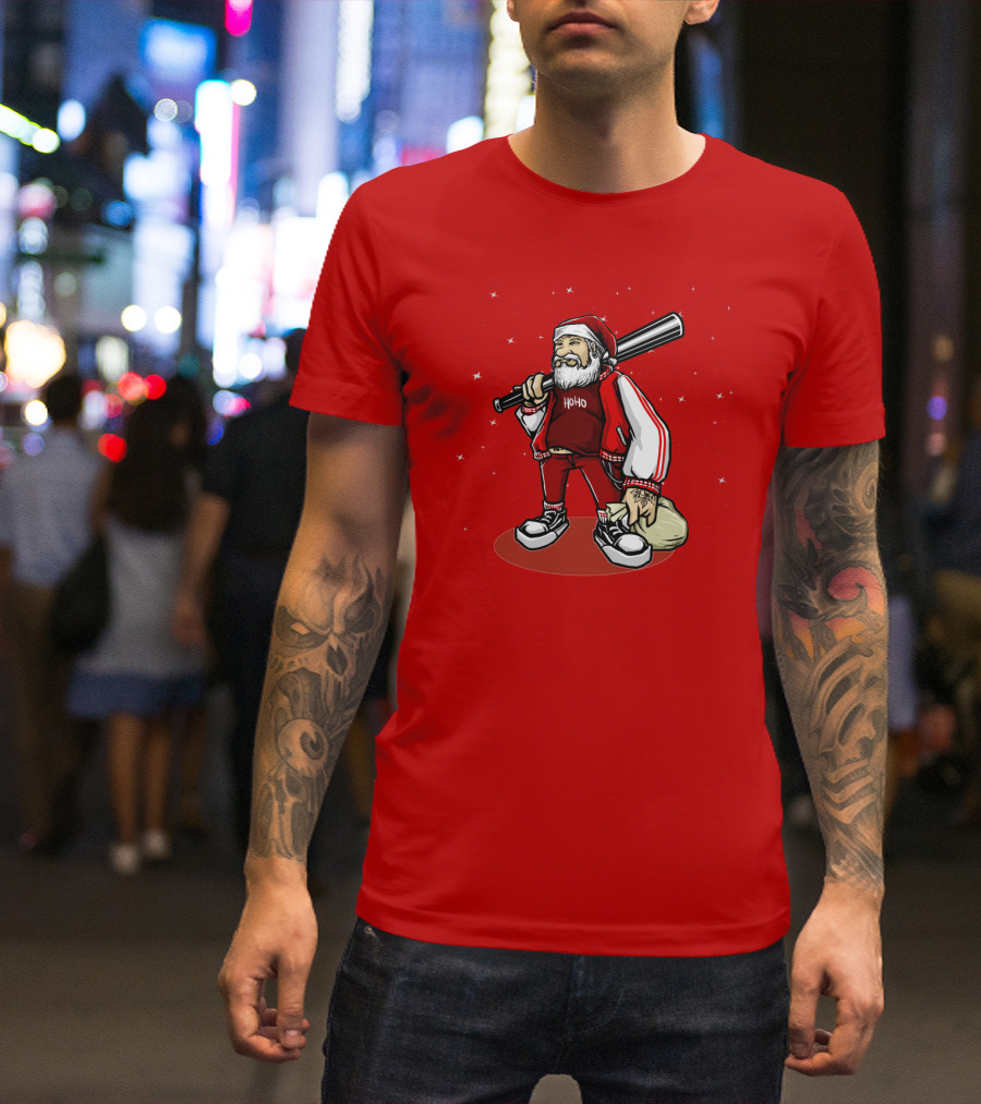 Santa Ho Ho Gangster Style With Baseball Bat And Bag T-Shirt