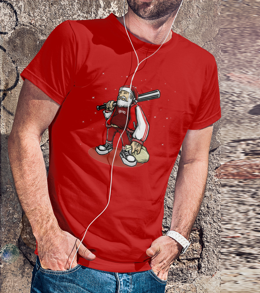Santa Ho Ho Gangster Style With Baseball Bat And Bag T-Shirt