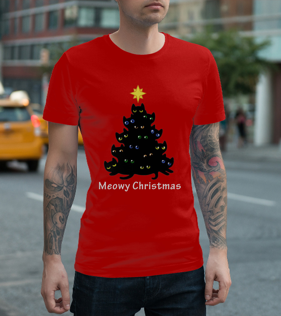 Meowy Christmas Black Cat Tree T-Shirt