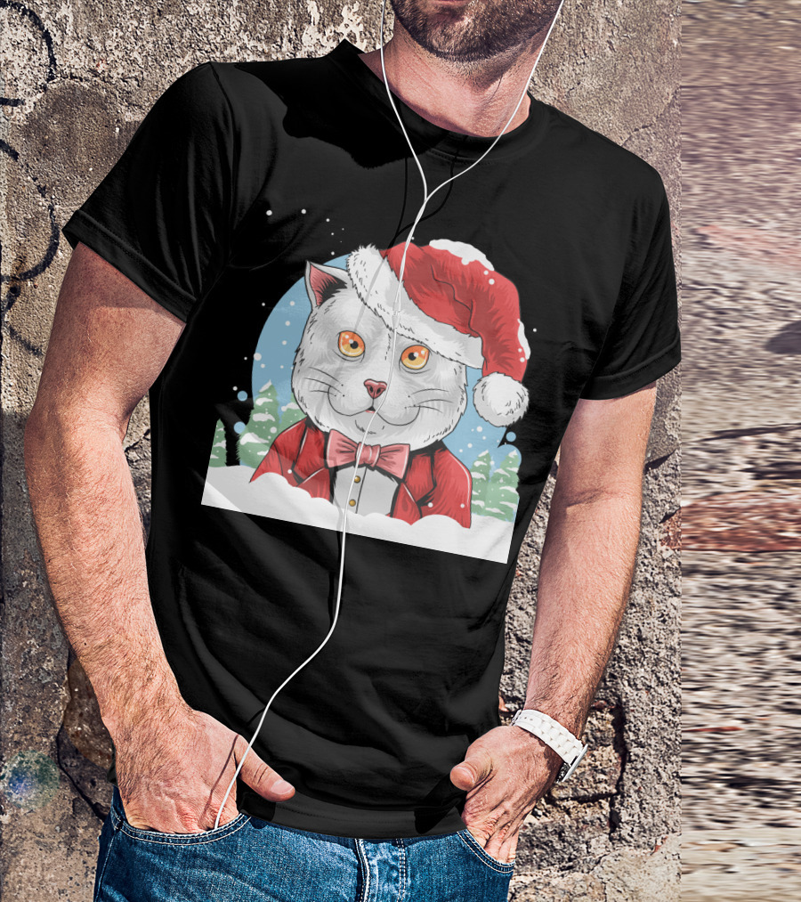 Santa Claus Cat In Winter Wonderland Christmas Scene T-Shirt