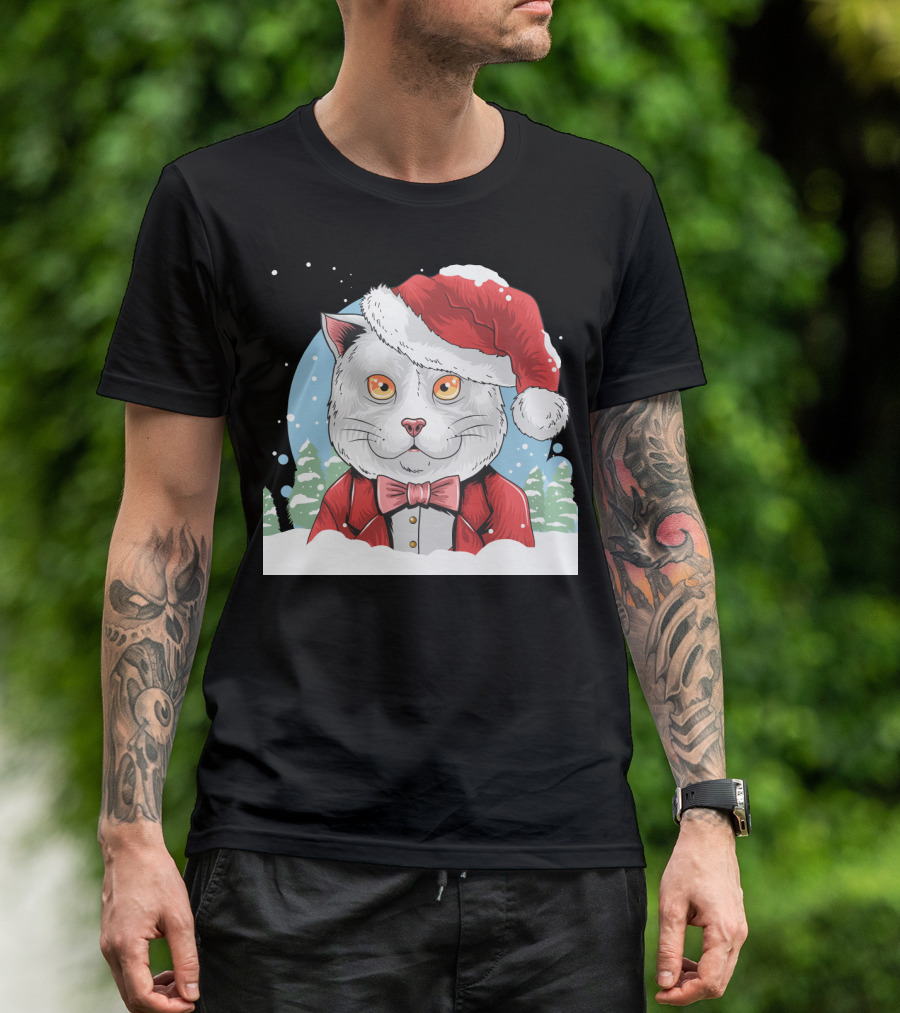 Santa Claus Cat In Winter Wonderland Christmas Scene T-Shirt