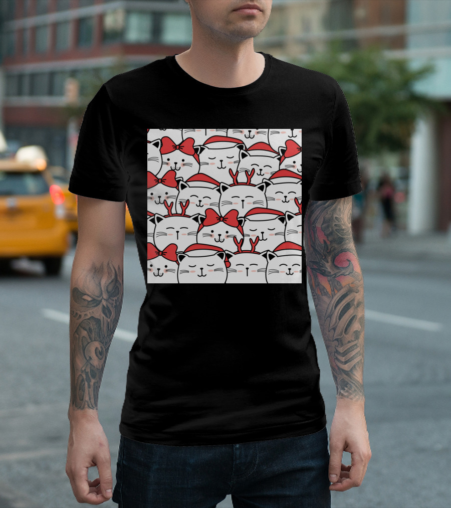 Cute Cat Christmas Santa Hats and Red Bows T-Shirt