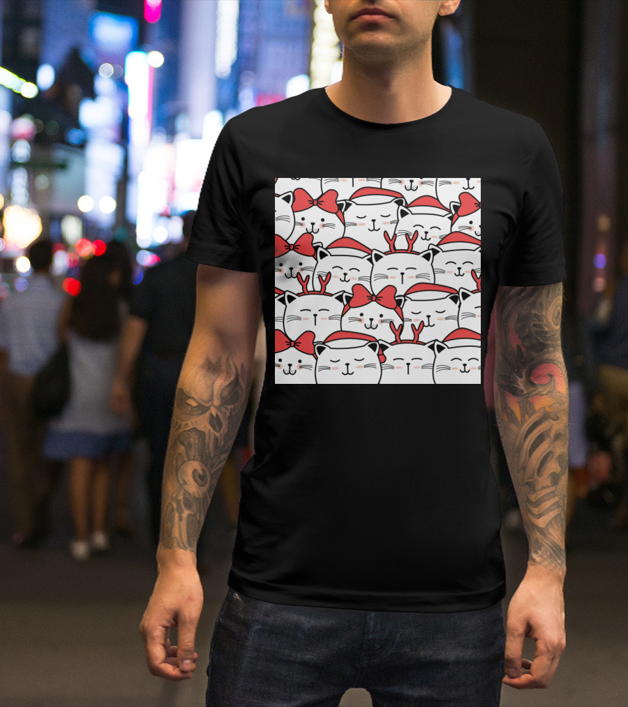 Cute Cat Christmas Santa Hats And Red Bows T-Shirt