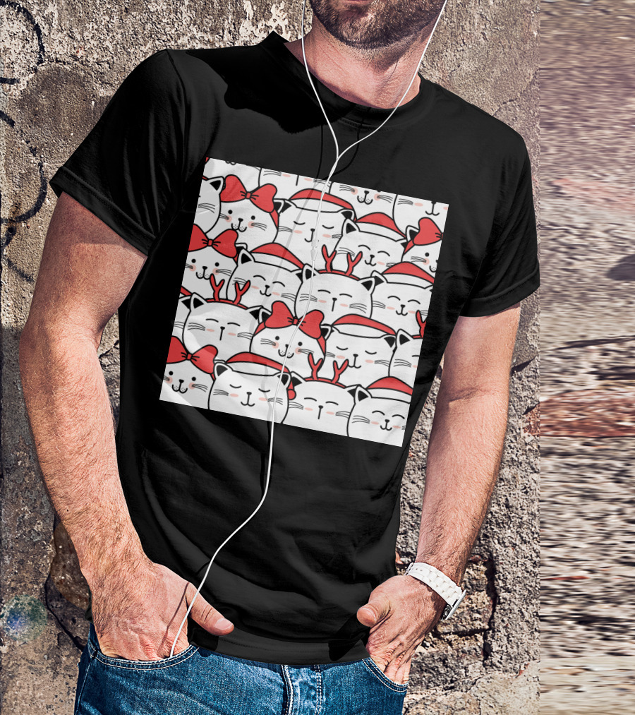 Cute Cat Christmas Santa Hats And Red Bows T-Shirt