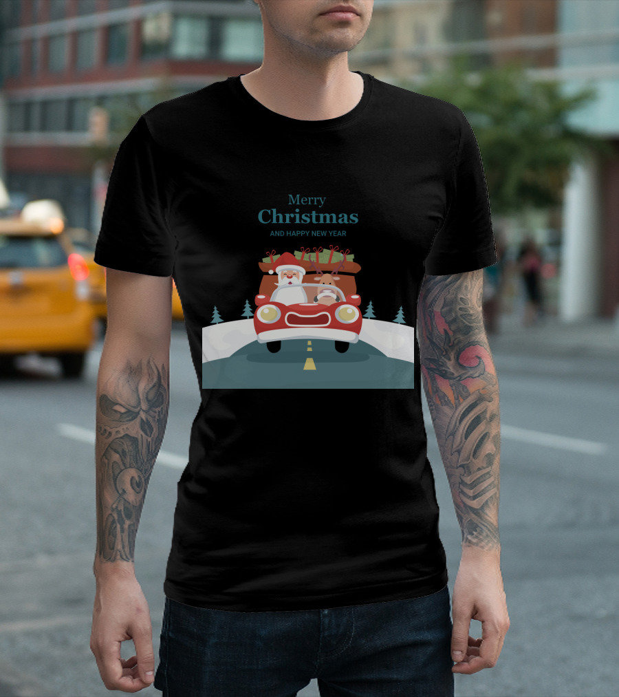 Merry Christmas and Happy New Year Reindeer Drives Car with Santa Claus T-Shirt