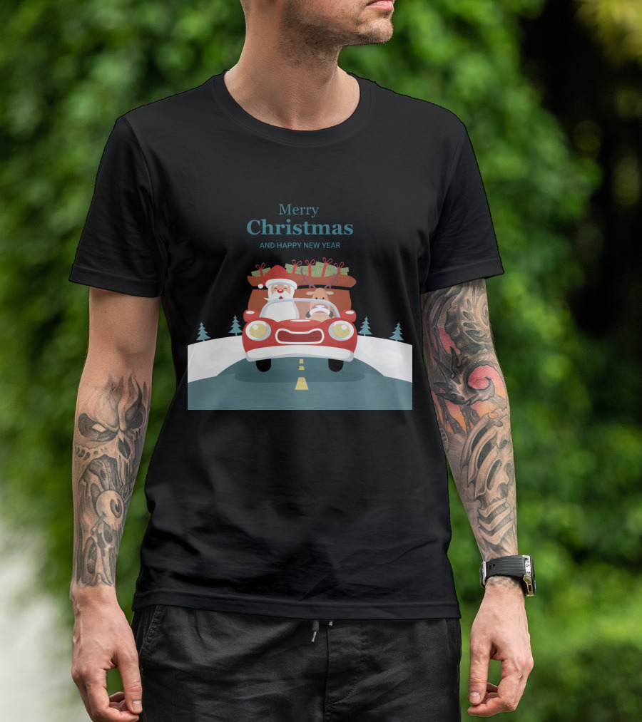 Merry Christmas And Happy New Year Reindeer Drives Car With Santa Claus T-Shirt