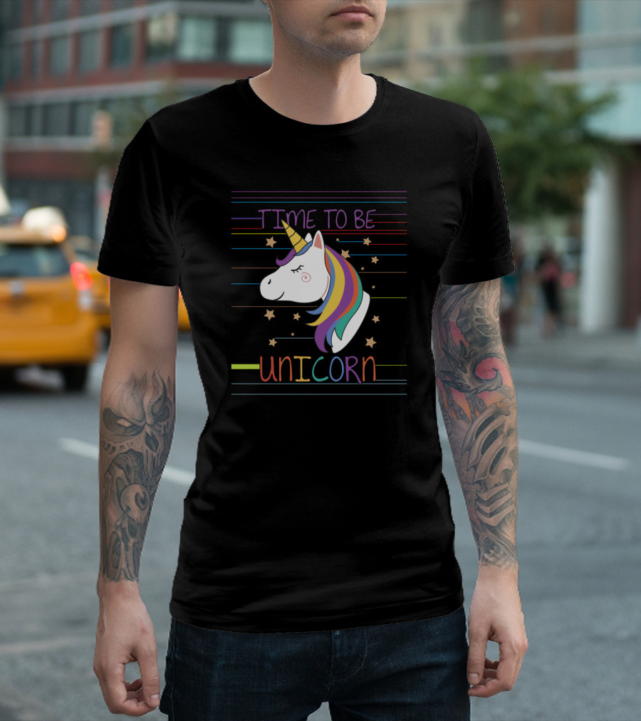 TIME TO BE UNICORN Colorful Stars Stripes Rainbow Mane T-Shirt