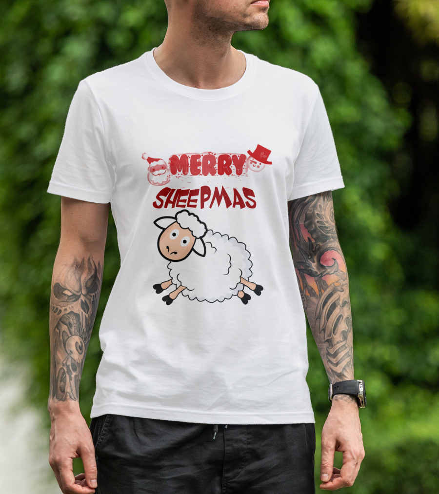 Merry Sheepmas Funny Christmas Santa Sheep With Snowman Hat T-Shirt