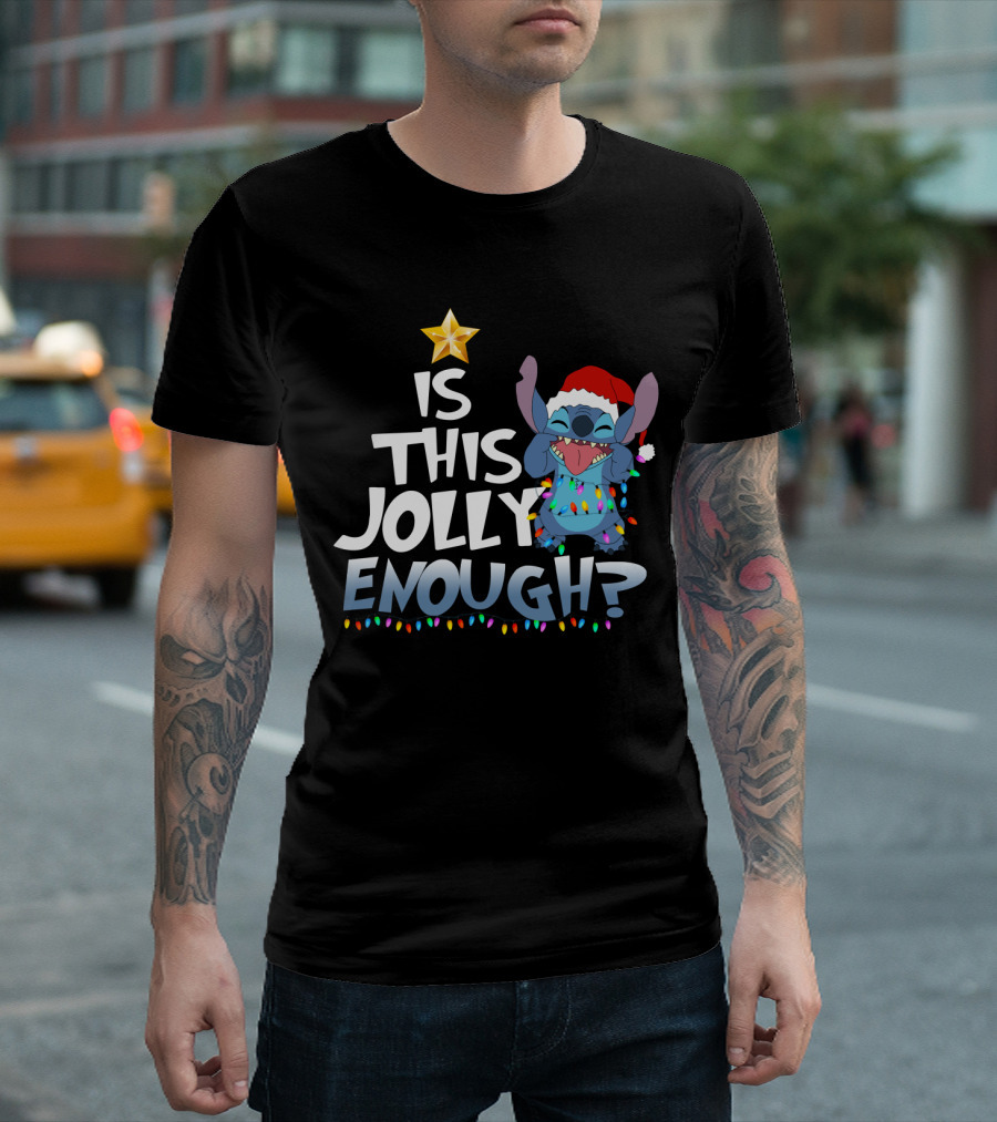 Is This Jolly Enough Stitch Christmas Lights Santa Hat T-Shirt