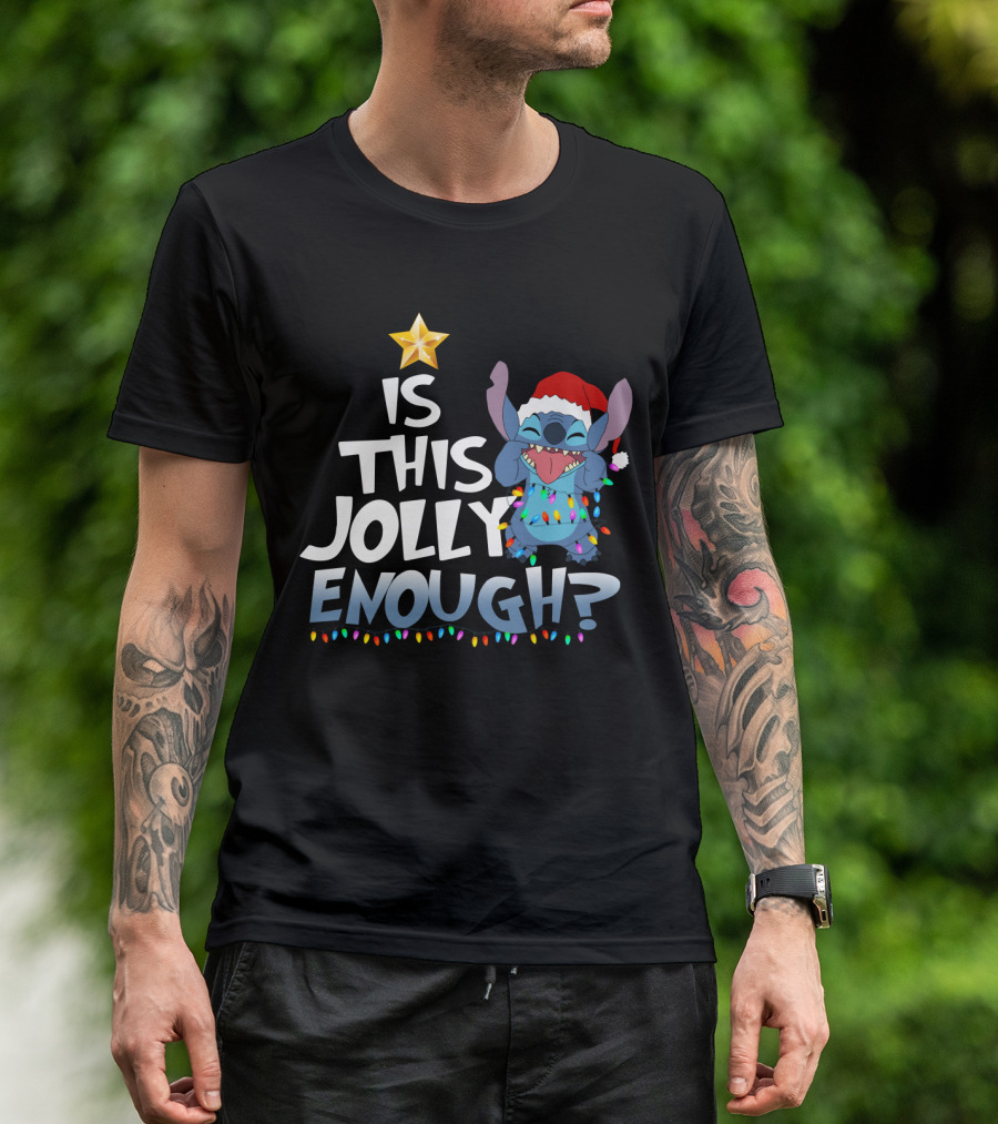 Is This Jolly Enough Stitch Christmas Lights Santa Hat T-Shirt