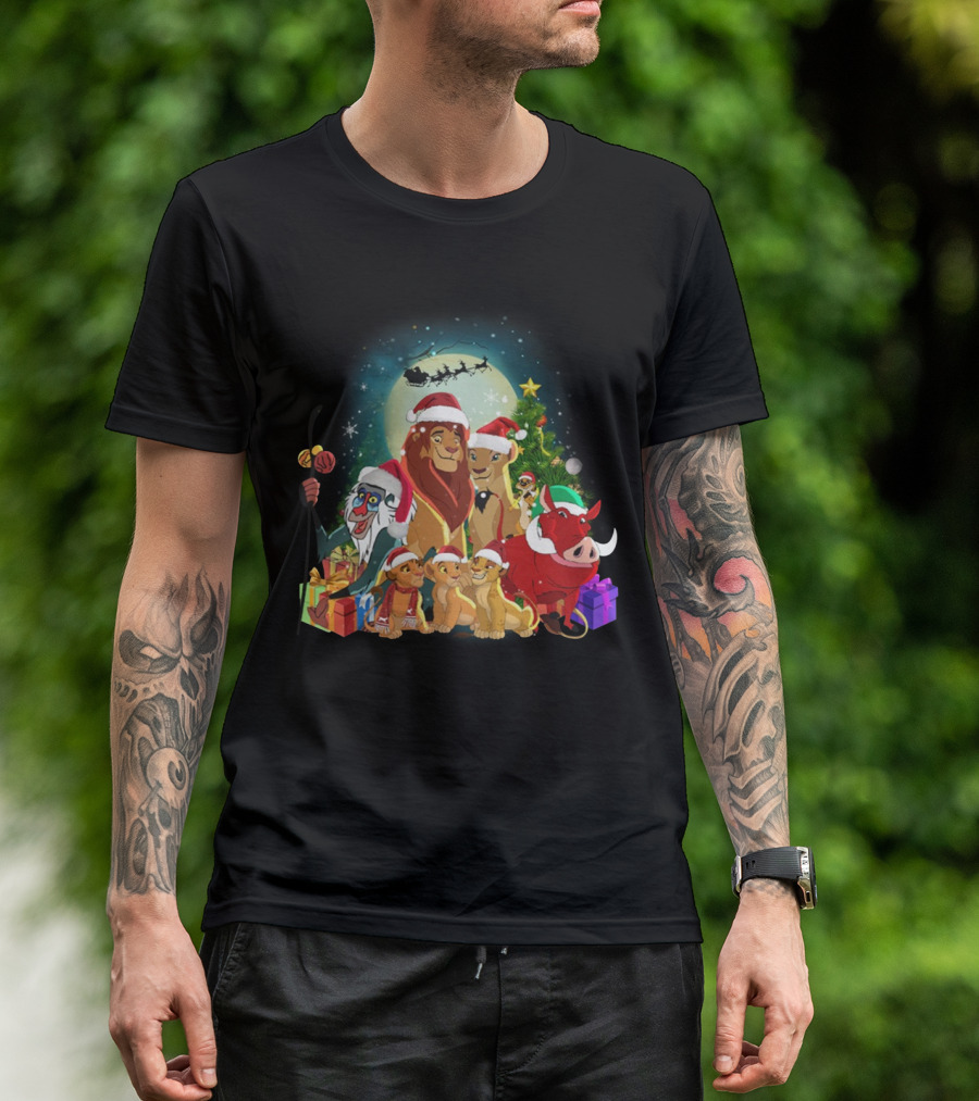 The Lion King Merry Christmas Santa Hats Moon And Sleigh T-Shirt