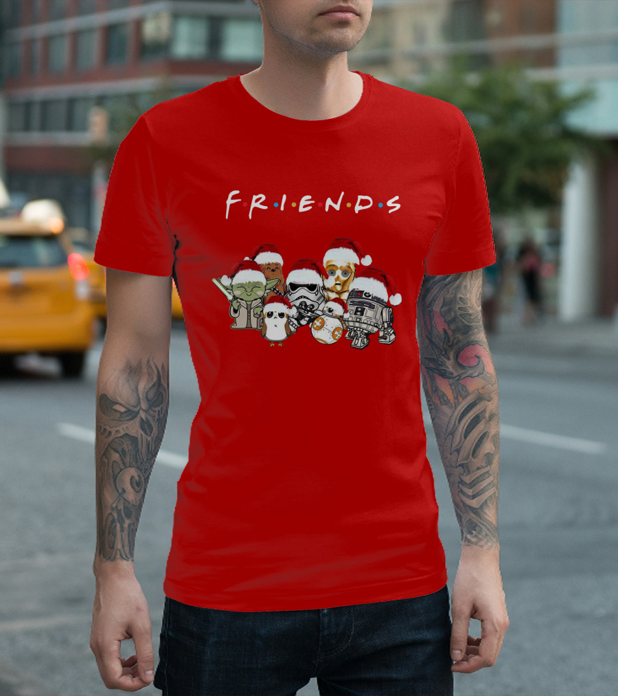 Star Wars Characters Yoda Chewbacca Porgs Stormtrooper R2 D2 C 3PO BB 8 Friends TV Show Christmas Santa Hats T-Shirt