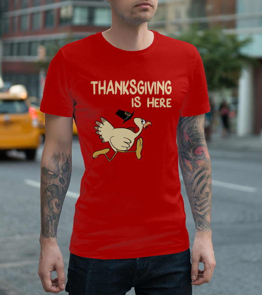 Thanksgiving is Here Turkey with Pilgrim Hat on Red T-Shirt
