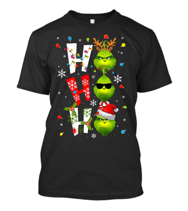 Ho Ho Ho Grinch Christmas Lights Antlers Hat Sunglasses Snowflakes T-Shirt