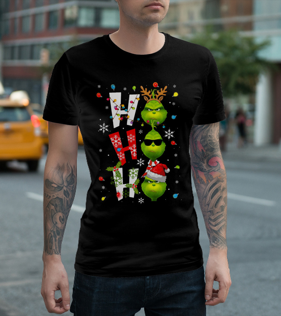 Ho Ho Ho Grinch Christmas Lights Antlers Hat Sunglasses Snowflakes T-Shirt