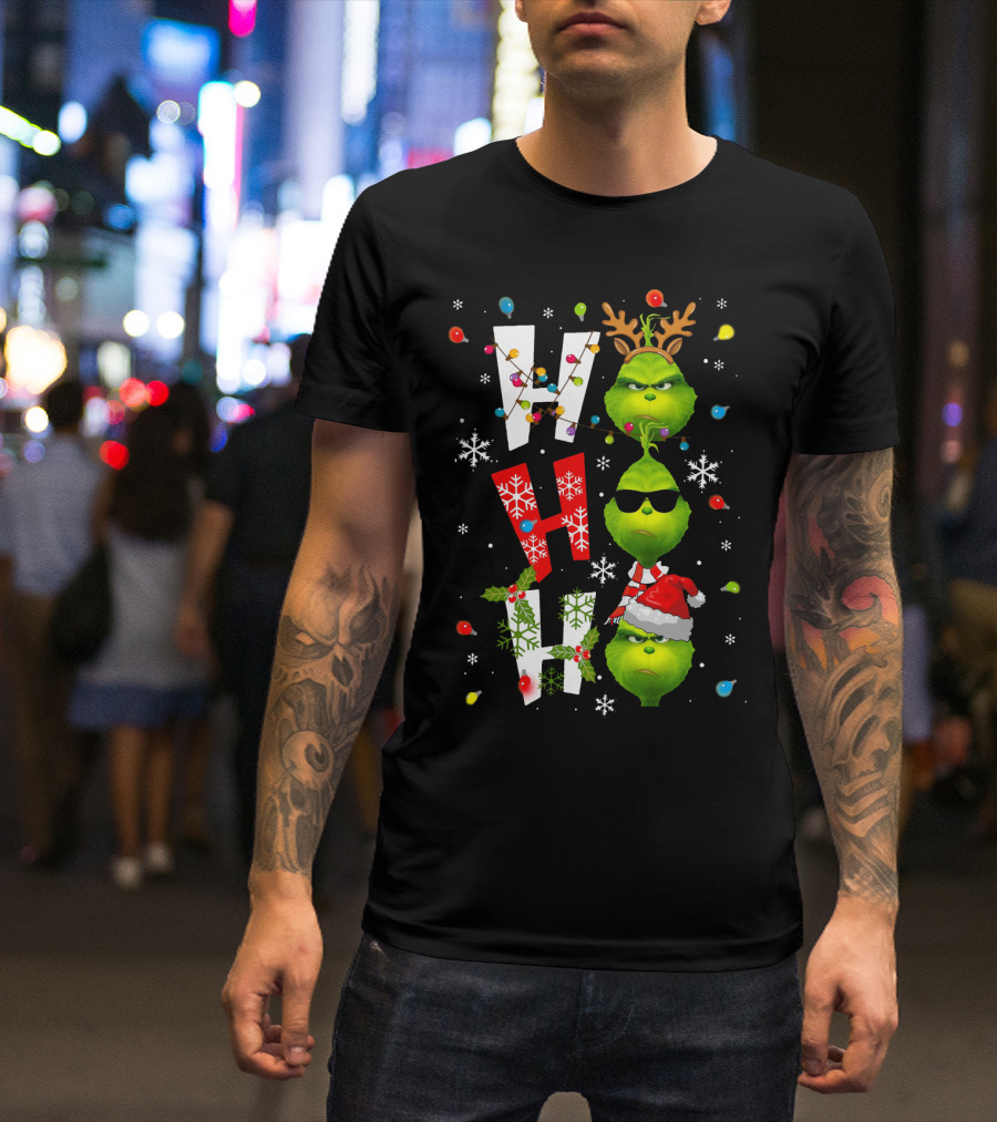Ho Ho Ho Grinch Christmas Lights Antlers Hat Sunglasses Snowflakes T-Shirt