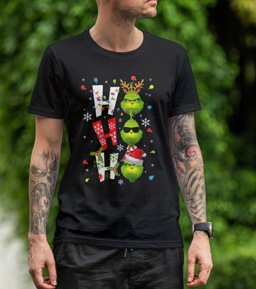 Ho Ho Ho Grinch Christmas Lights Antlers Hat Sunglasses Snowflakes T-Shirt