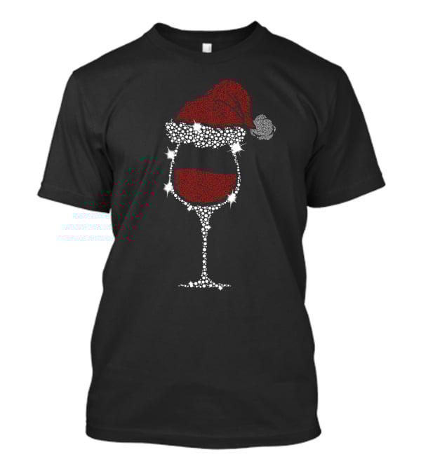 Glitter Christmas Santa Hat Wine Glass T-Shirt