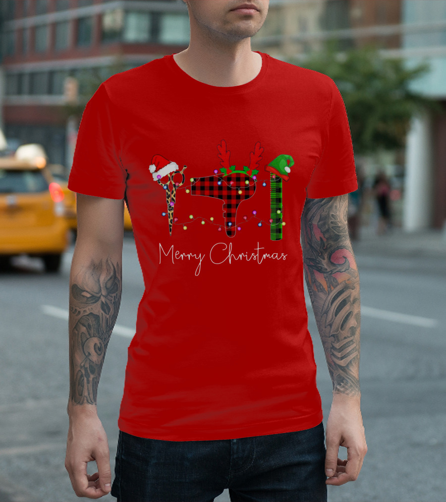 Hair Stylist Merry Christmas Scissors Dryer Comb Holiday Hat T-Shirt