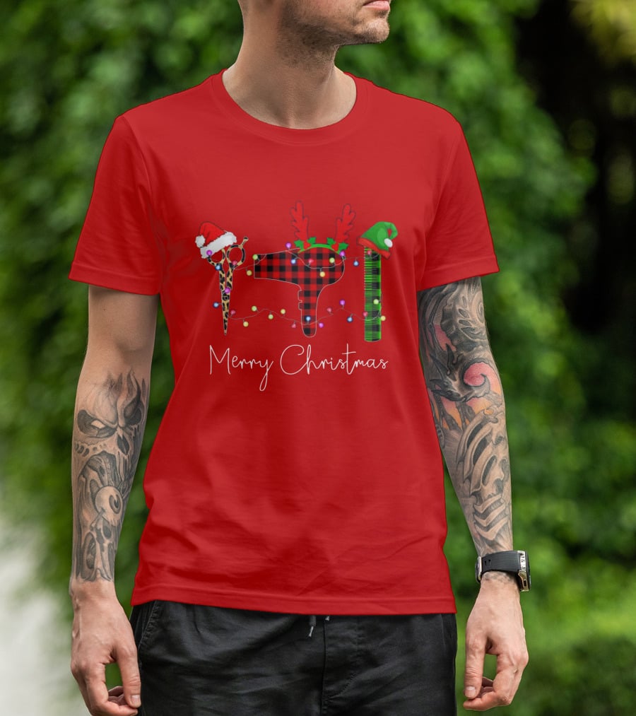 Hair Stylist Merry Christmas Scissors Dryer Comb Holiday Hat T-Shirt