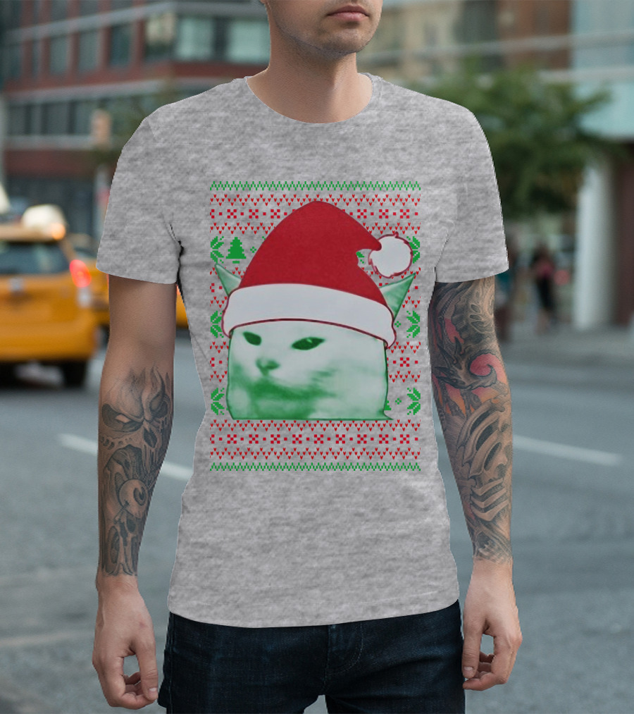 Santa Hat Cat Meme Christmas Pattern Raglan T-Shirt