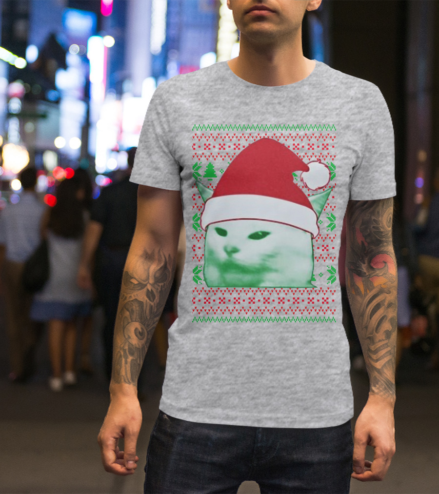 Santa Hat Cat Meme Christmas Pattern Raglan T-Shirt