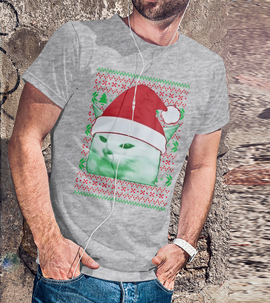 Santa Hat Cat Meme Christmas Pattern Raglan T-Shirt
