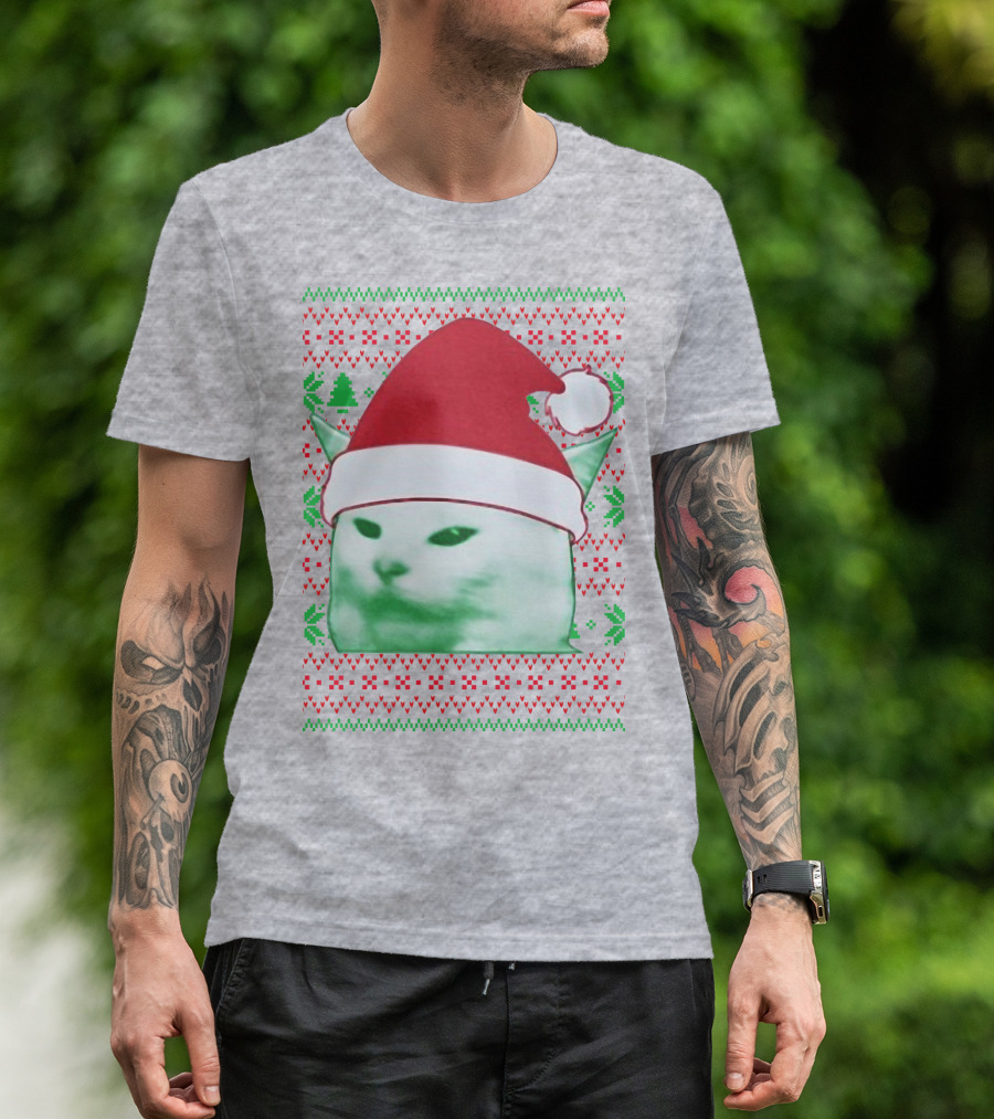 Santa Hat Cat Meme Christmas Pattern Raglan T-Shirt