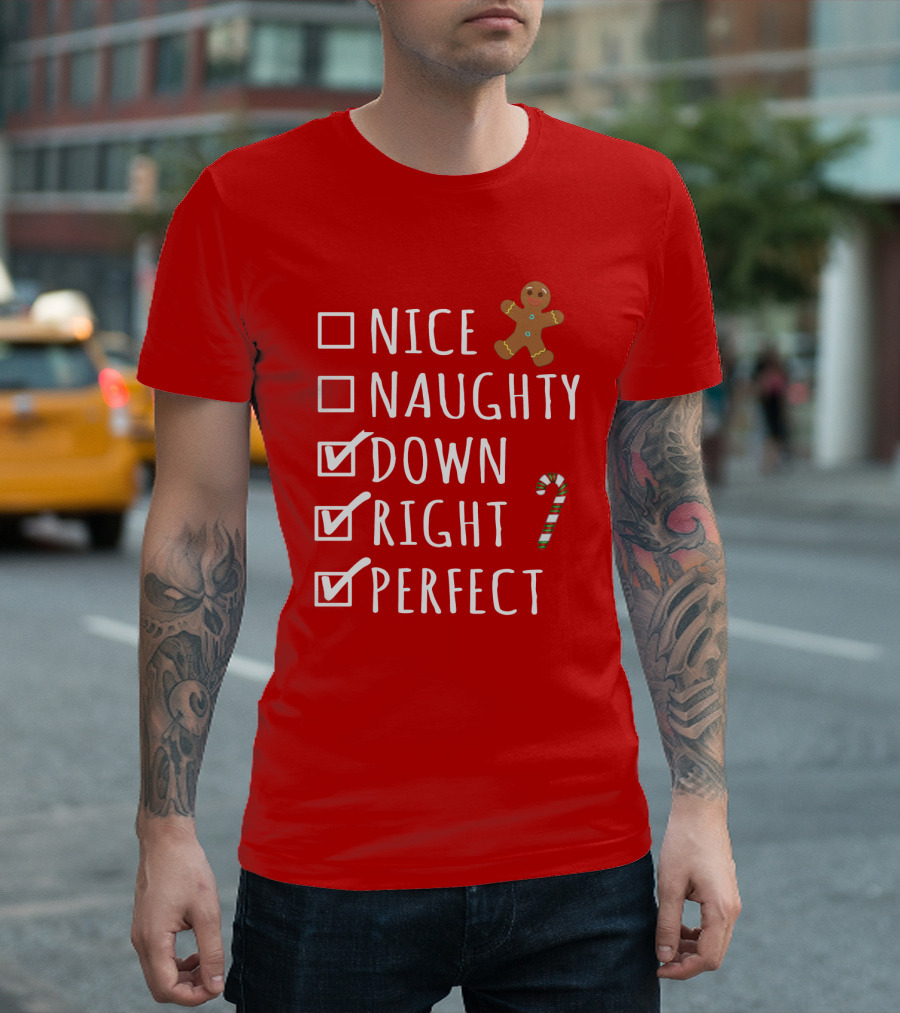 Nice Naughty Down Right Perfect Gingerbread Candy Cane Holiday Checklist T-Shirt