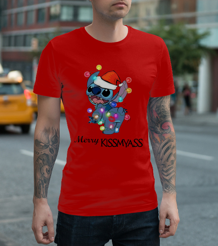 Merry Kissmyass Christmas Stitch Santa Hat Lights T-Shirt