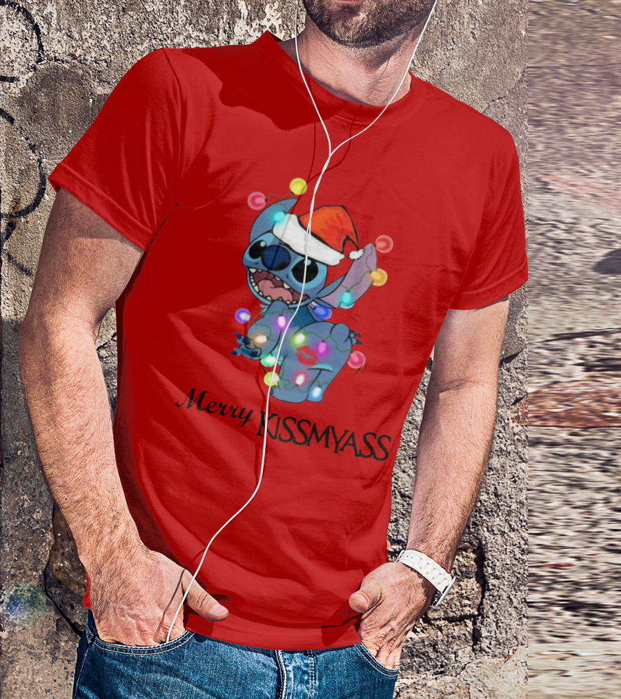 Merry Kissmyass Christmas Stitch Santa Hat Lights T-Shirt