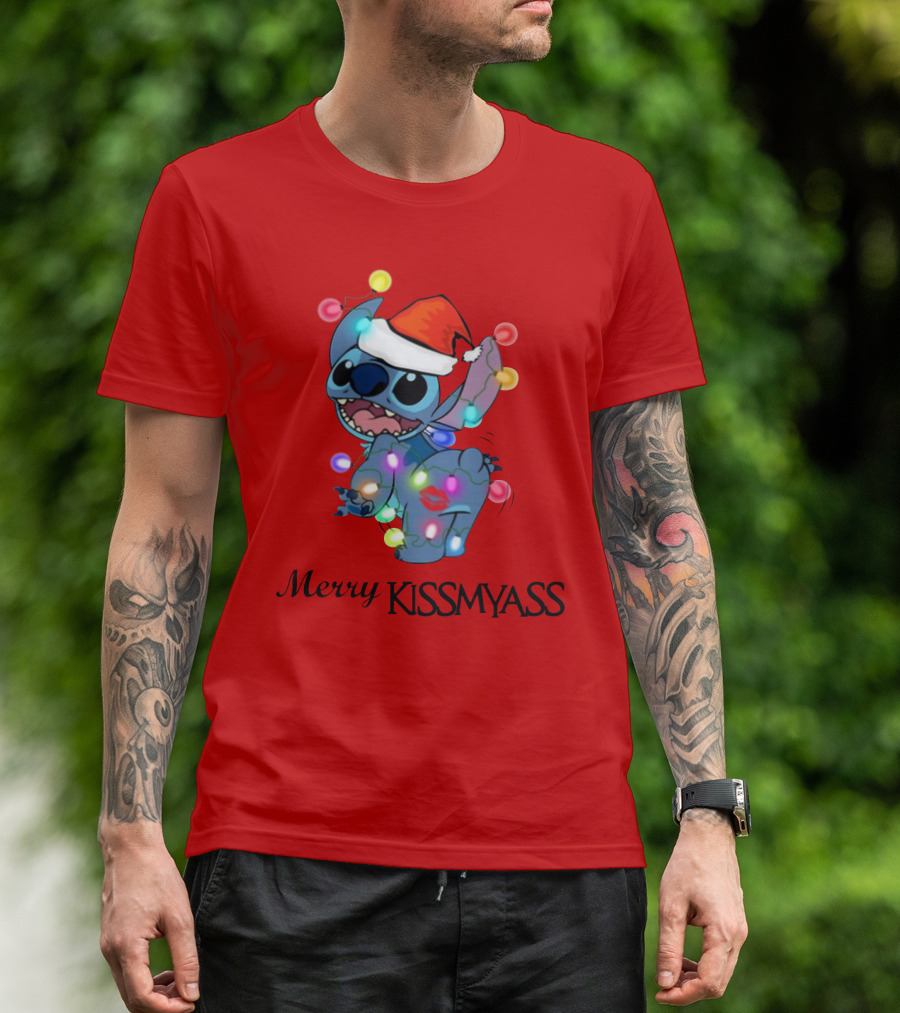 Merry Kissmyass Christmas Stitch Santa Hat Lights T-Shirt