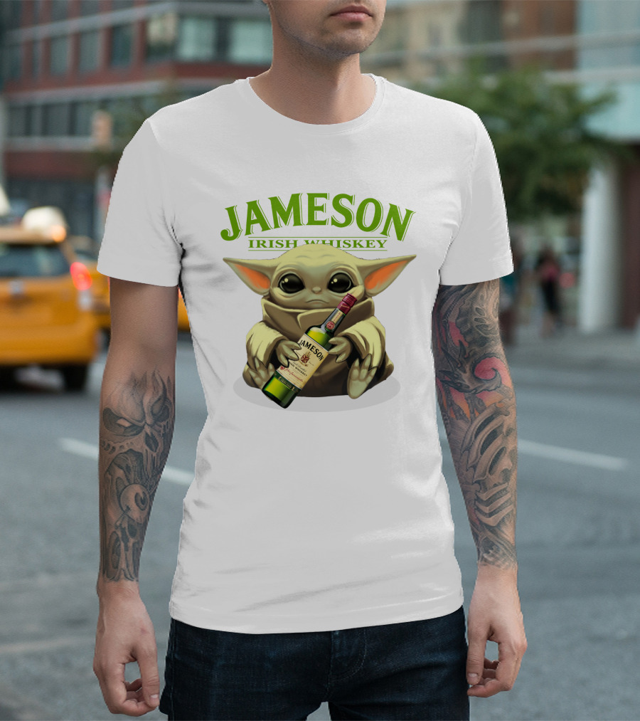 Jameson Irish Whiskey Baby Yoda Holding Whiskey Bottle T-Shirt