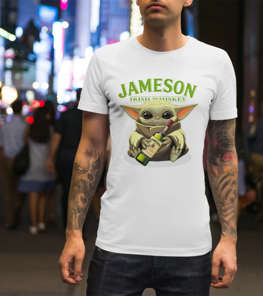 Jameson Irish Whiskey Baby Yoda Holding Whiskey Bottle T-Shirt