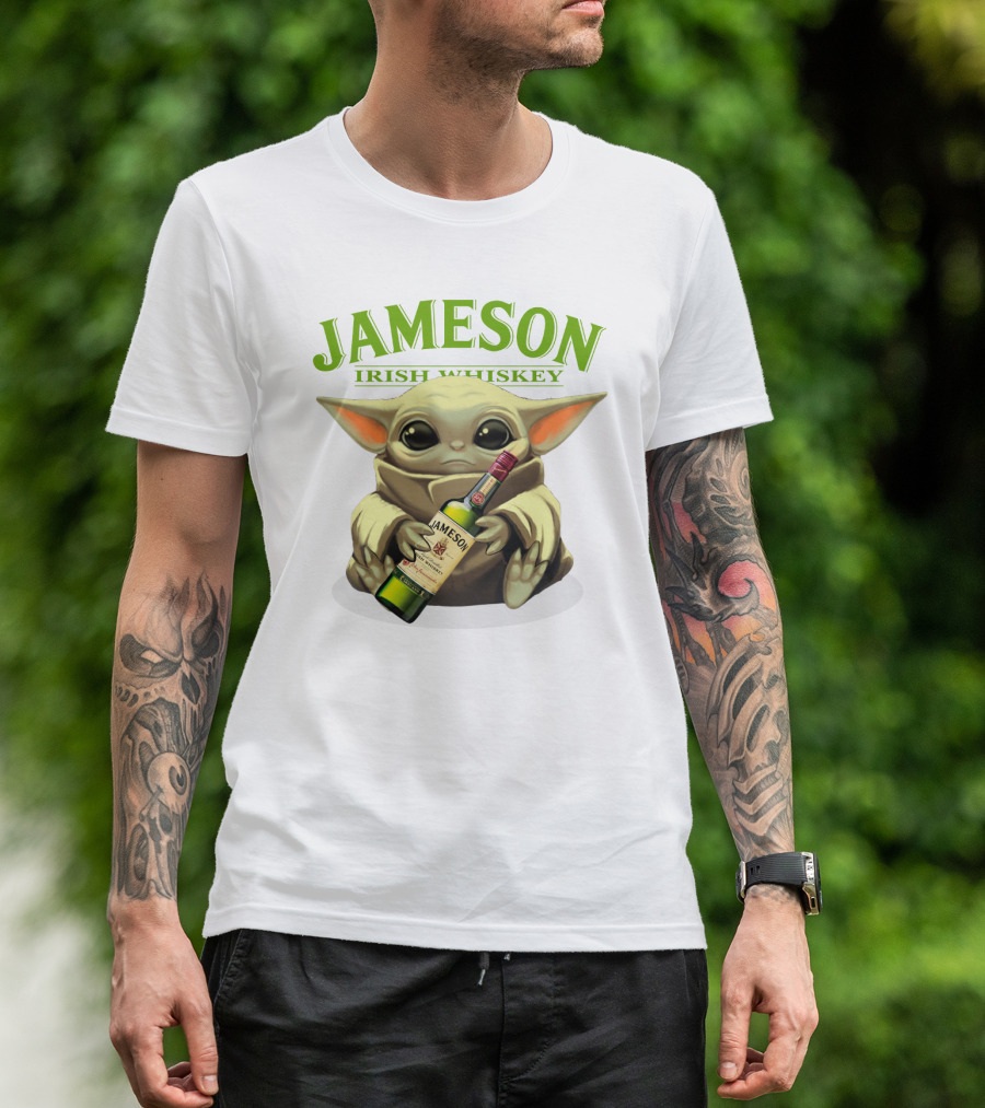 Jameson Irish Whiskey Baby Yoda Holding Whiskey Bottle T-Shirt