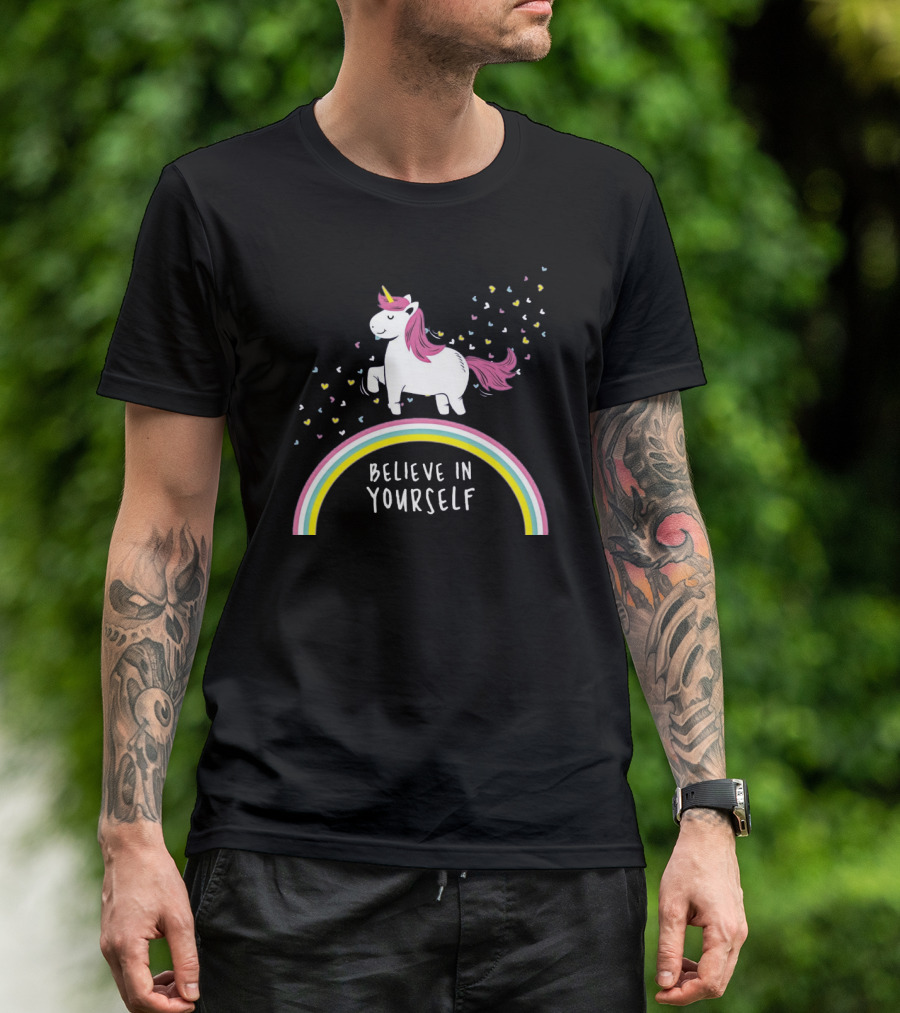 Believe In Yourself Cute Unicorn Rainbow Hearts T-Shirt