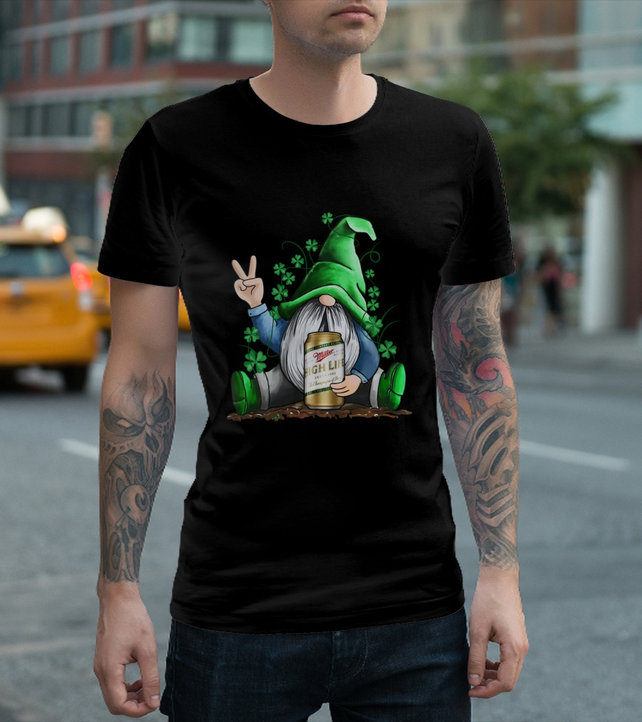 Irish Gnome Peace Sign Shamrocks Miller High Life St Patrick's Day T-Shirt