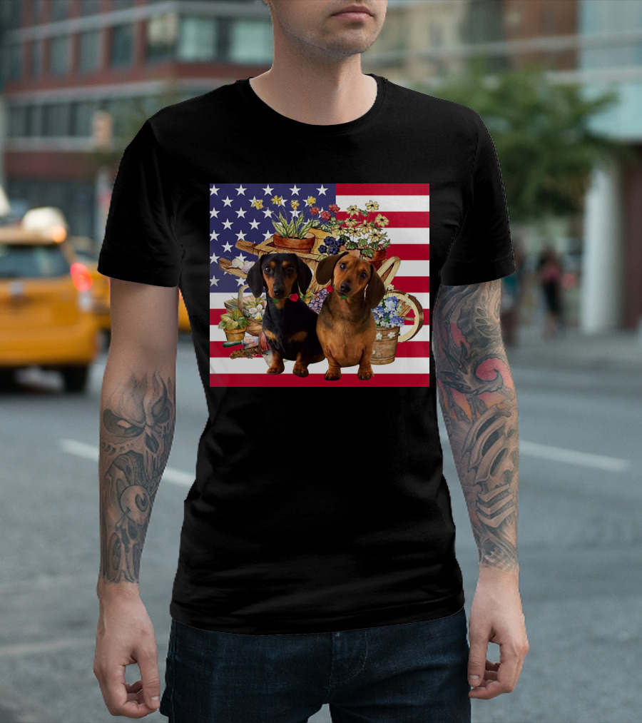 Daschund Flower Garden American Flag Backdrop Face Mask T-Shirt