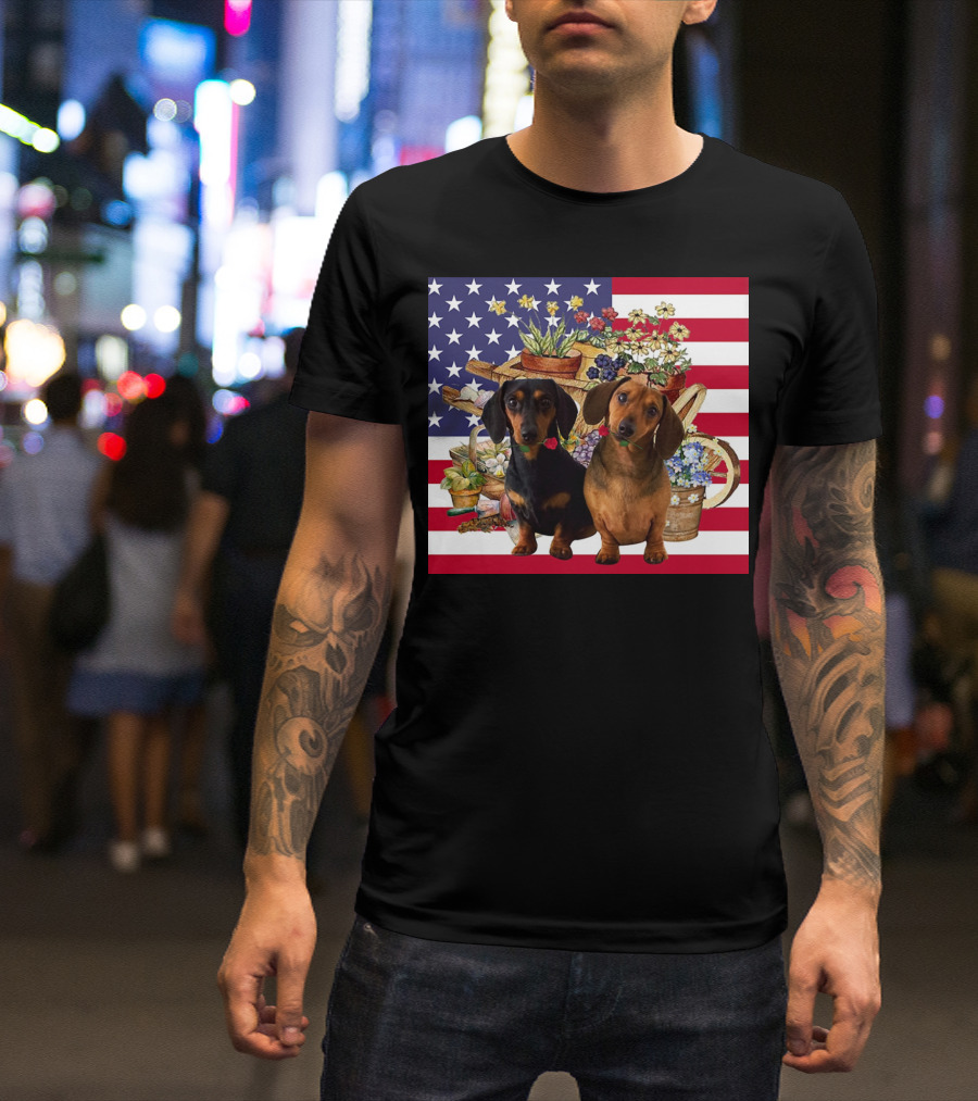 Daschund Flower Garden American Flag Backdrop Face Mask T-Shirt
