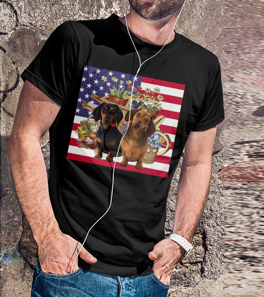 Daschund Flower Garden American Flag Backdrop Face Mask T-Shirt