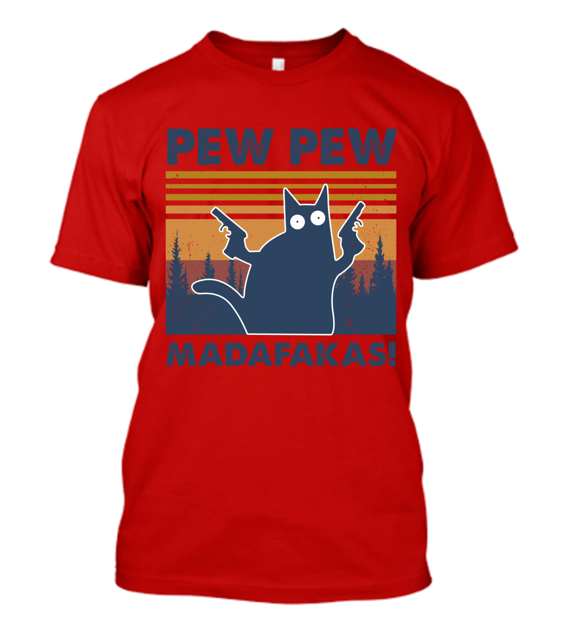 Vintage Cat Pew Pew Madafakas Retro Sunset Forest Dual Pistols T-Shirt