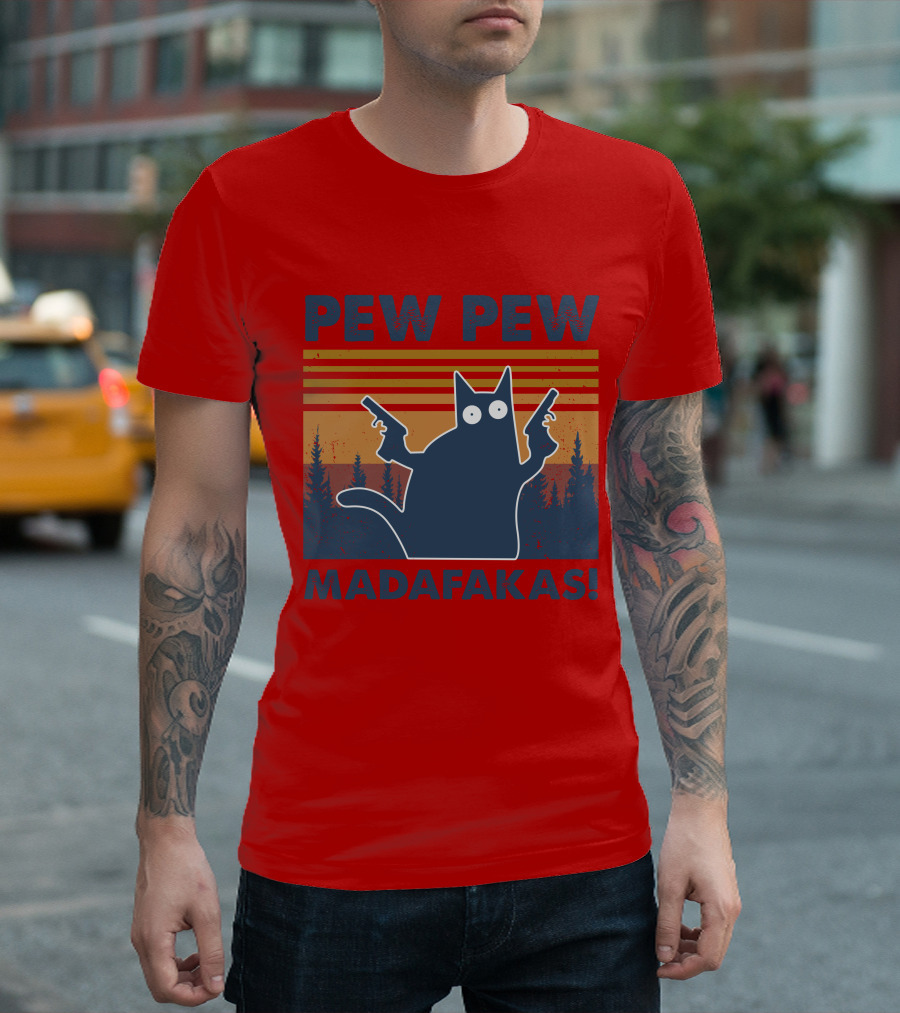 Vintage Cat Pew Pew Madafakas Retro Sunset Forest Dual Pistols T-Shirt