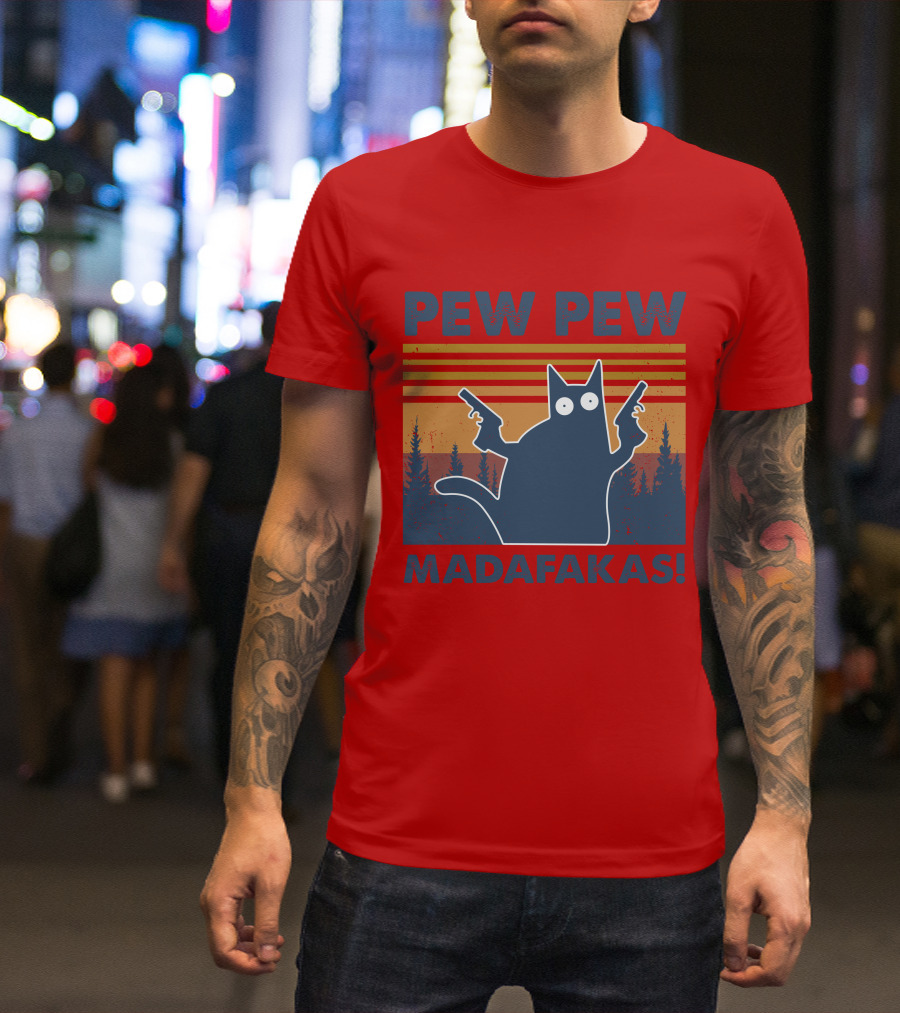 Vintage Cat Pew Pew Madafakas Retro Sunset Forest Dual Pistols T-Shirt