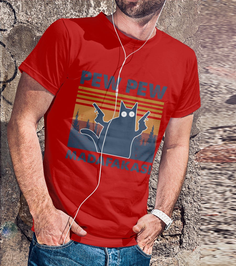 Vintage Cat Pew Pew Madafakas Retro Sunset Forest Dual Pistols T-Shirt