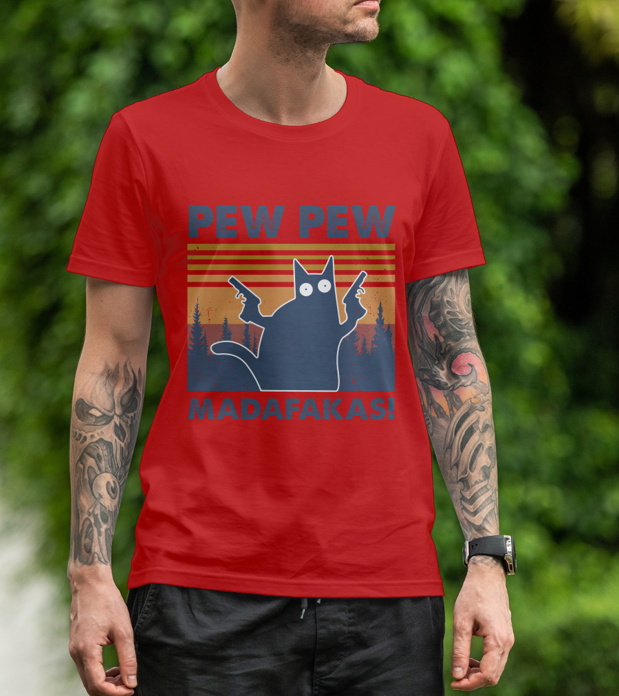 Vintage Cat Pew Pew Madafakas Retro Sunset Forest Dual Pistols T-Shirt