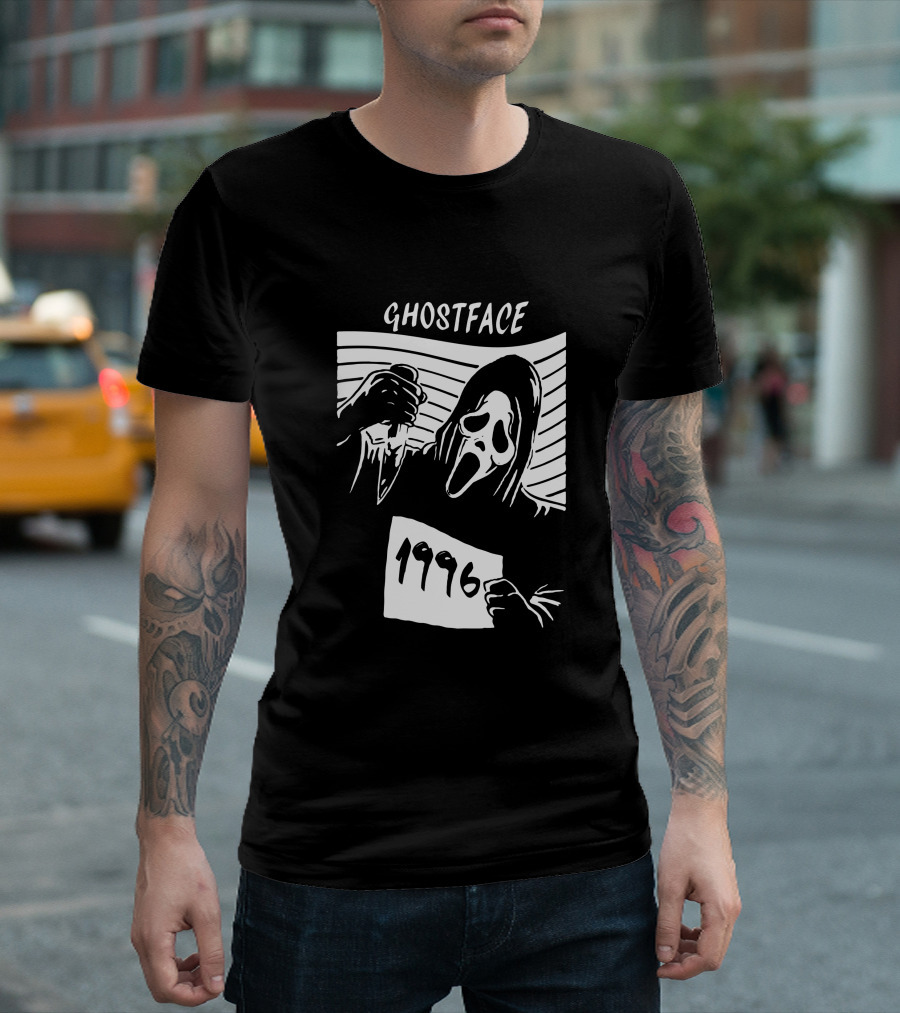 Ghostface 1996 Classic Movie Icon With Knife And Hooded Mask T-Shirt