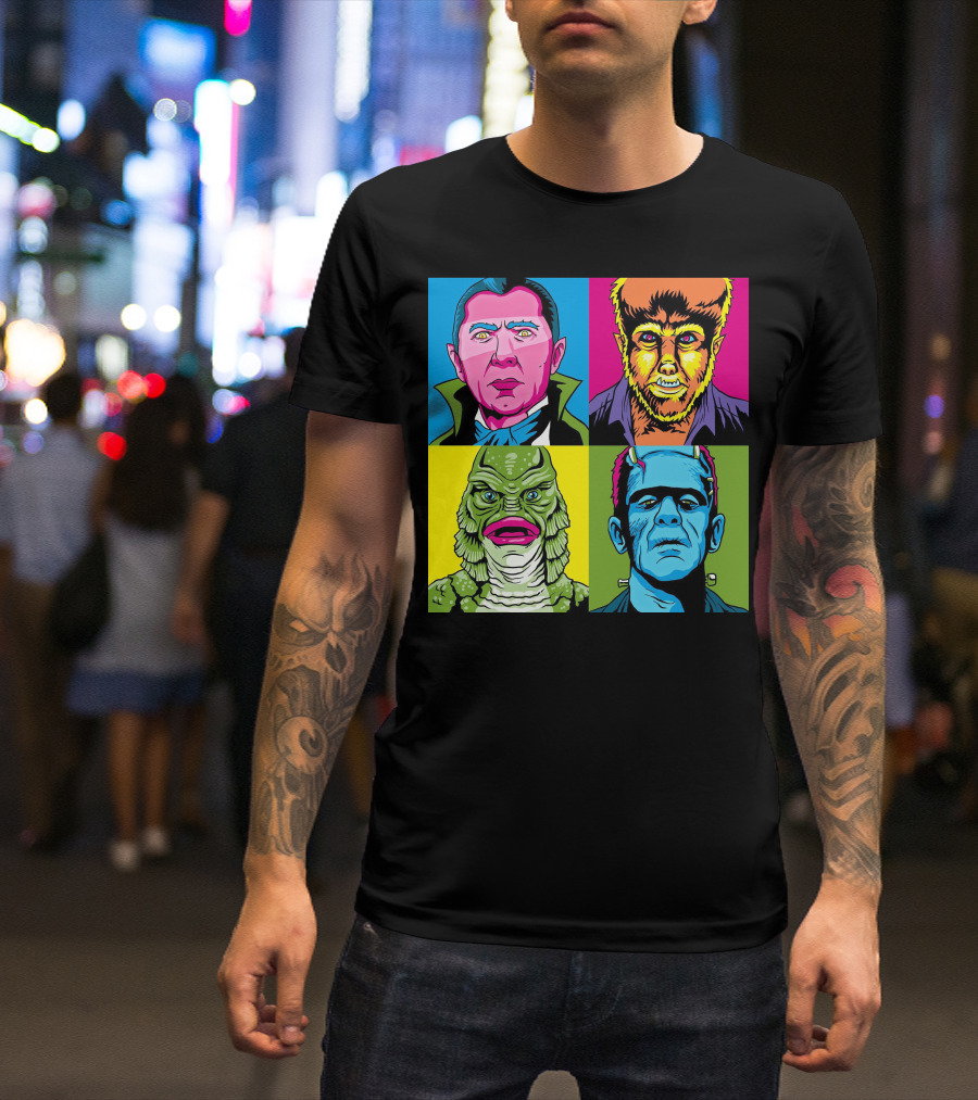 Dracula Frankenstein Wolfman Creature Horror Pop Art Icons T-Shirt