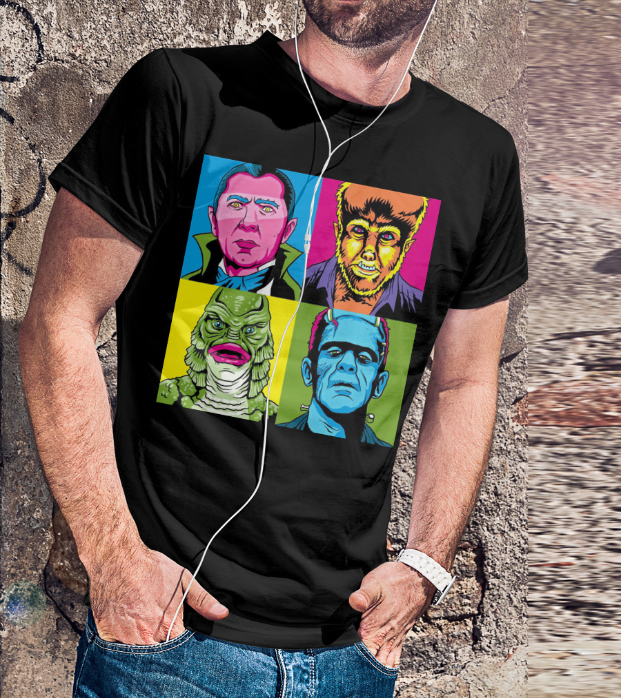 Dracula Frankenstein Wolfman Creature Horror Pop Art Icons T-Shirt