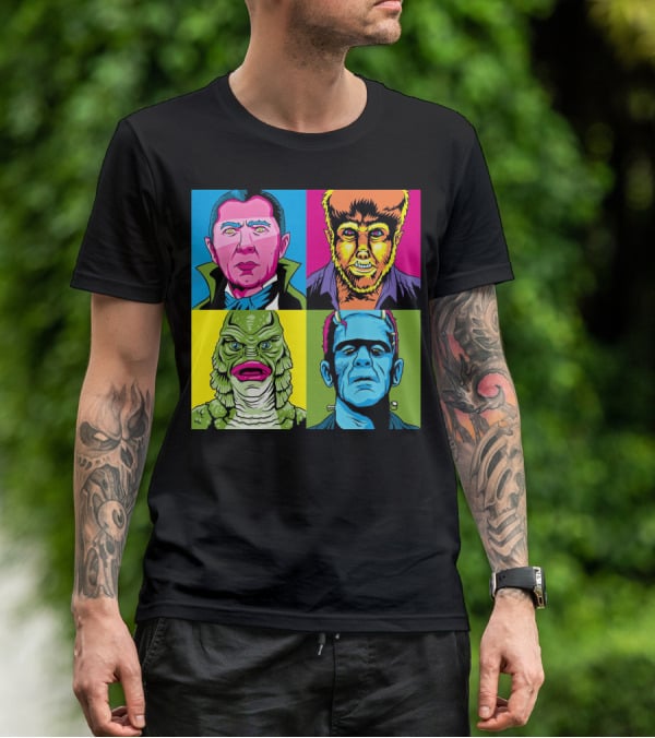 Dracula Frankenstein Wolfman Creature Horror Pop Art Icons T-Shirt